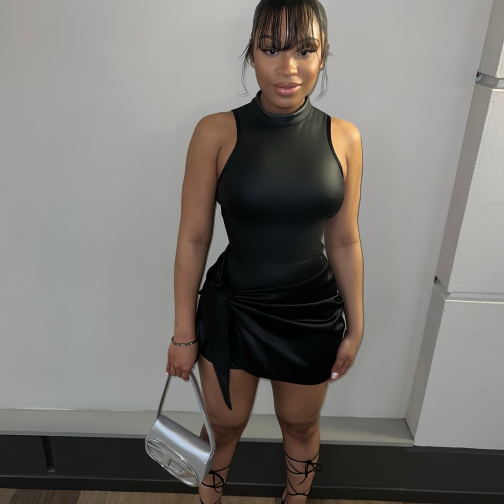 VEGAN LEATHER & SATIN WRAP BODYCON DRESS - BLACK
